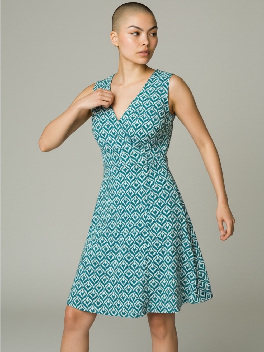 NY & Company Teal Geometric Fit & Flare Sleeveless Dress Size Large